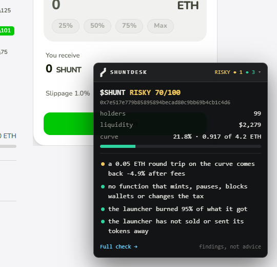 The Shuntdesk panel open on the $SHUNT page on BSC launchpad